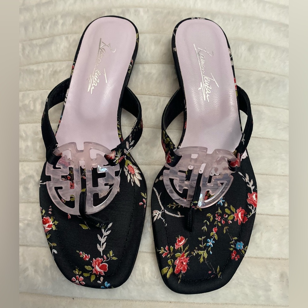Ramon Tenza Black Floral Mules with Pale Pink Emblem